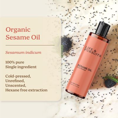 Life & Pursuits 100% Cold-Pressed Unrefined Sesame Oil - Nourishing Oil for Hair and Skin, Promotes Radiance, Moisture, and Healthy Growth for Men & Women (6.76 Fl Oz)