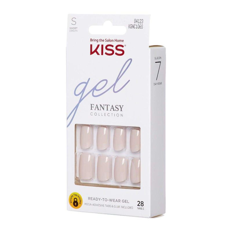 KISS Gel Fantasy Ready-to-Wear Press-On Gel Nails, Here I Am, Short, White, Nail Kit with 24 Mega Adhesive Tabs, Pink Gel Glue, Manicure Stick, Mini File, and 28 Fake Nails