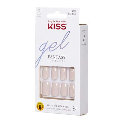 KISS Gel Fantasy Ready-to-Wear Press-On Gel Nails, Here I Am, Short, White, Nail Kit with 24 Mega Adhesive Tabs, Pink Gel Glue, Manicure Stick, Mini File, and 28 Fake Nails