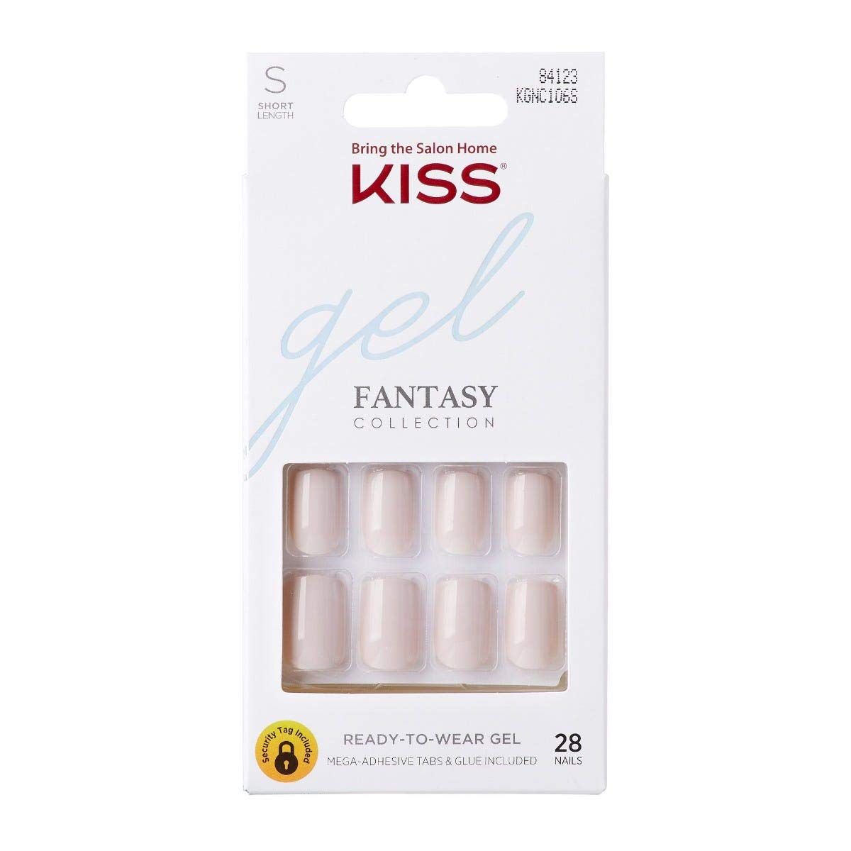 KISS Gel Fantasy Ready-to-Wear Press-On Gel Nails, Here I Am, Short, White, Nail Kit with 24 Mega Adhesive Tabs, Pink Gel Glue, Manicure Stick, Mini File, and 28 Fake Nails