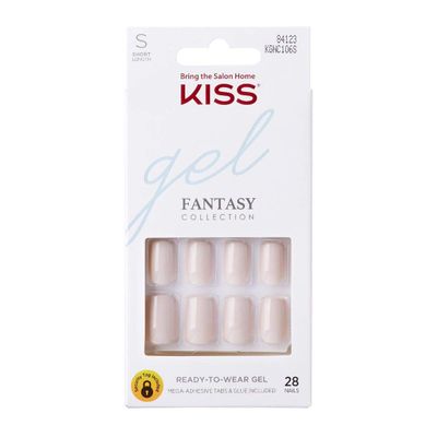 KISS Gel Fantasy Ready-to-Wear Press-On Gel Nails, Here I Am, Short, White, Nail Kit with 24 Mega Adhesive Tabs, Pink Gel Glue, Manicure Stick, Mini File, and 28 Fake Nails