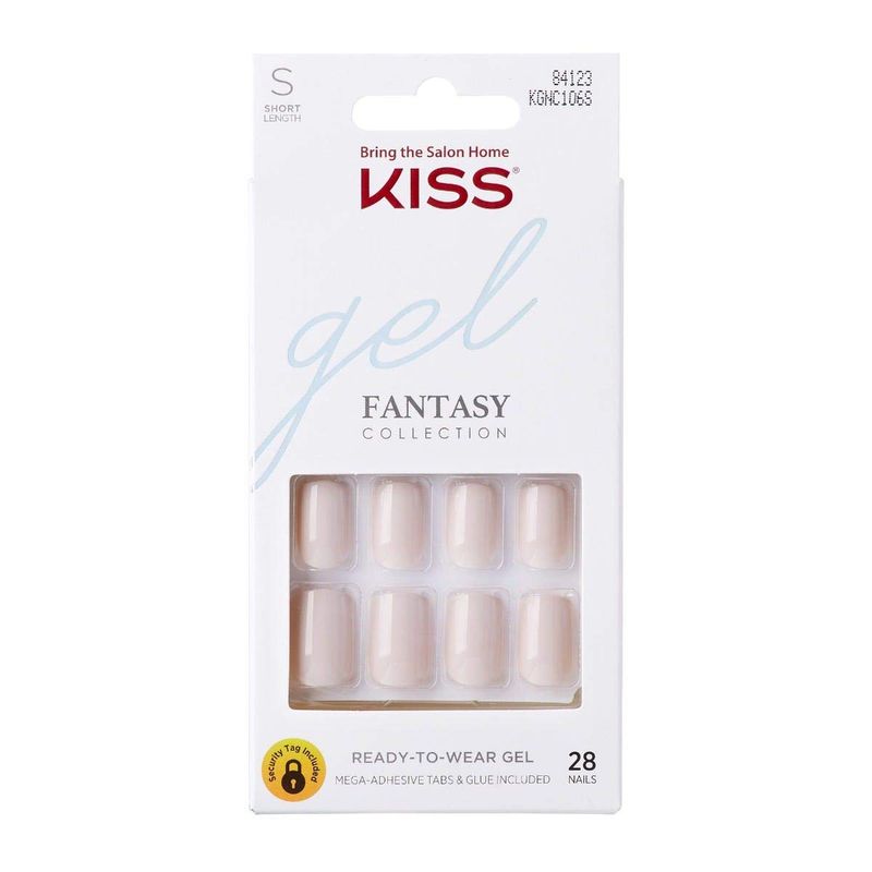 KISS Gel Fantasy Ready-to-Wear Press-On Gel Nails, Here I Am, Short, White, Nail Kit with 24 Mega Adhesive Tabs, Pink Gel Glue, Manicure Stick, Mini File, and 28 Fake Nails