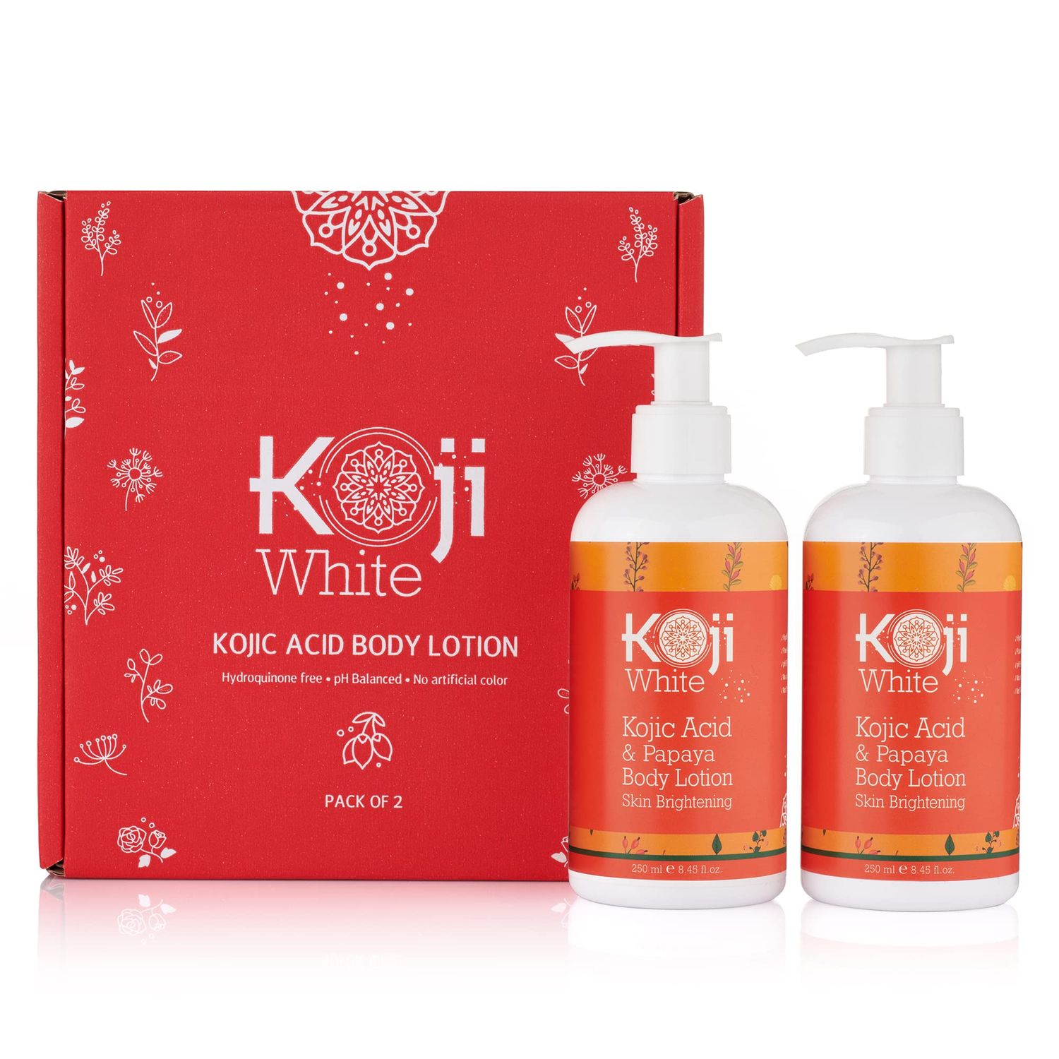 Koji White Kojic Acid &amp; Papaya Body Lotion, Women Gift Sets for Exfoliating, Skin Brightening, Moisturizer, Radiance, Even Tone, Age Spots &amp; Sun Damaged, Vegan, Paraben-Free, 8.45 Fl Oz (2 Bottles)