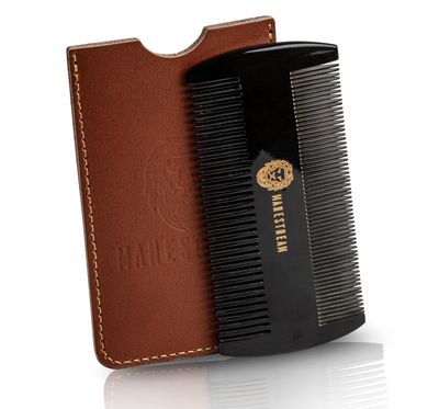 Premium 100% Oxhorn Dual-Action Beard Comb with Genuine Leather Case - the Perfect Beard Grooming Gift for Men by Man &amp; Mane.