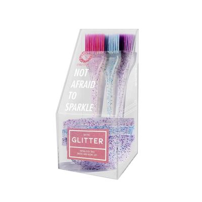 Colortrak 3 Pack Mini Glitter Trio Brush &amp; Bowl Set, Small Brushes with Colorful Feather Bristles, Stackable Color Bowls with Non-Slip Rubber Rings, Easy Handling, Set of 3 Brushes and 3 Bowls