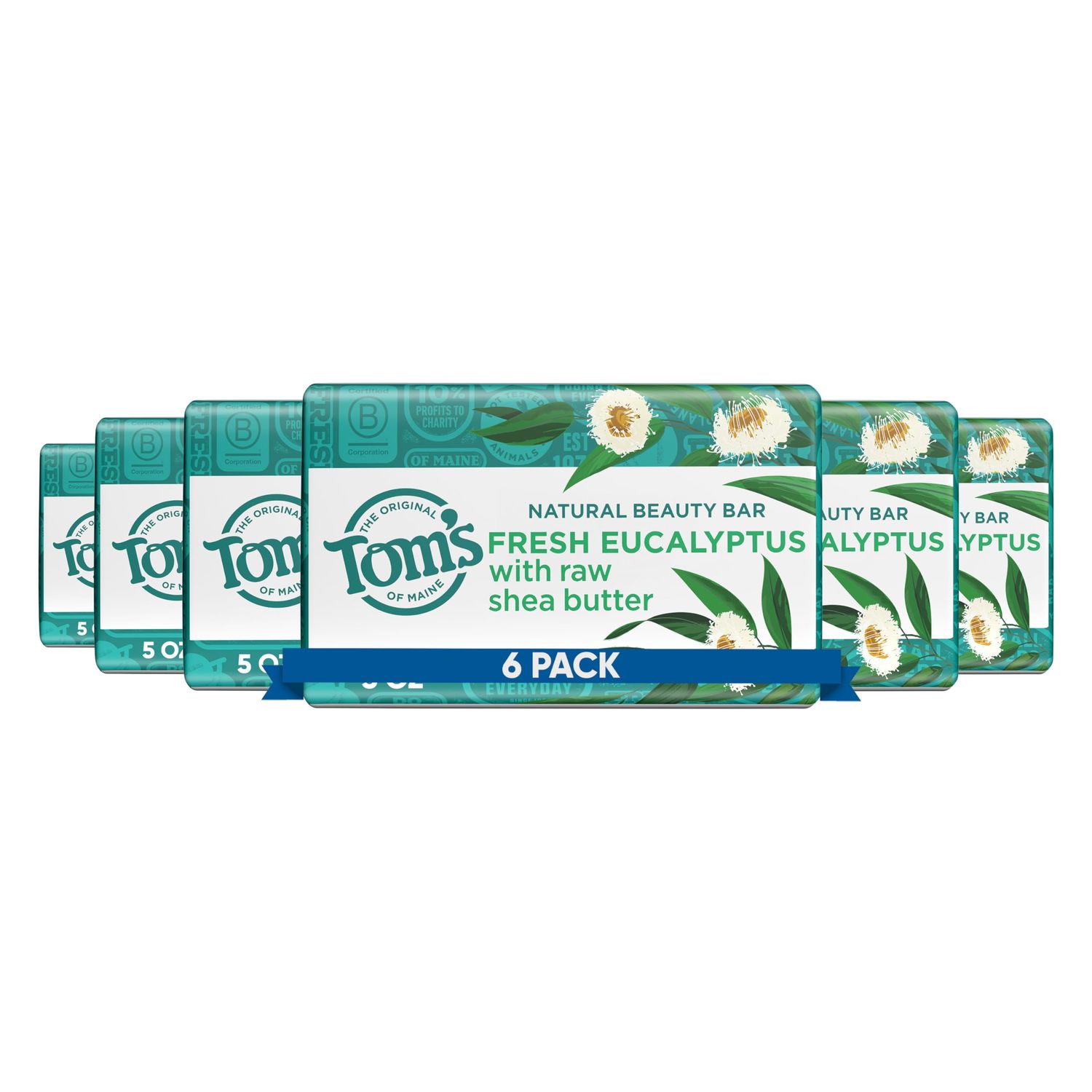 Tom&#39;s of Maine Natural Beauty Bar Soap With Raw Shea Butter, Fresh Eucalyptus, 5 oz. 6-Pack (Packaging May Vary)