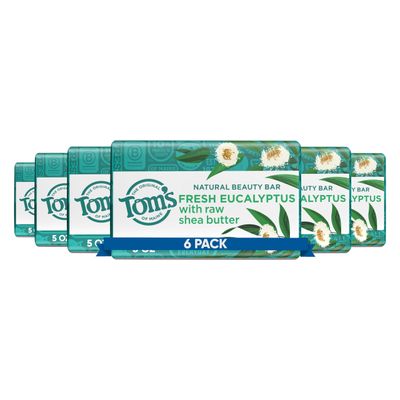 Tom&#39;s of Maine Natural Beauty Bar Soap With Raw Shea Butter, Fresh Eucalyptus, 5 oz. 6-Pack (Packaging May Vary)