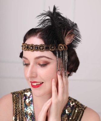 Aimimier 1920s Flapper Feather Headband Crystal Tassel Black Headpiece with Beaded Elastic Head Chain Masquerade Hair Accessories for Women