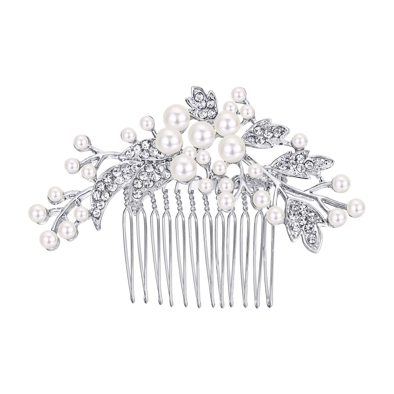 EVER FAITH Wedding Hair Accessories Austrian Crystal Cream Simulated Pearl Floral Leaf Branch Bridal Side Comb Clear Silver-Tone