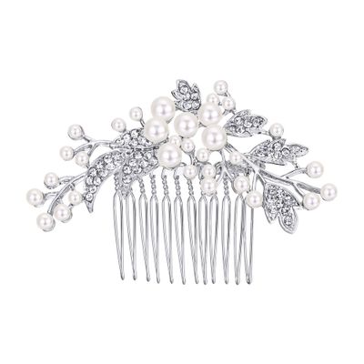 EVER FAITH Wedding Hair Accessories Austrian Crystal Cream Simulated Pearl Floral Leaf Branch Bridal Side Comb Clear Silver-Tone