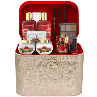 Valentines Day Gifts For Her, Luxury Bath and Body Gift Basket - 30pc Set, Pink Grapefruit Home Spa &amp; Makeup Set - Cosmetic Pencils, Lip Balm, Lotion, Perfume, RoseGold Leather Cosmetic Bag &amp; More