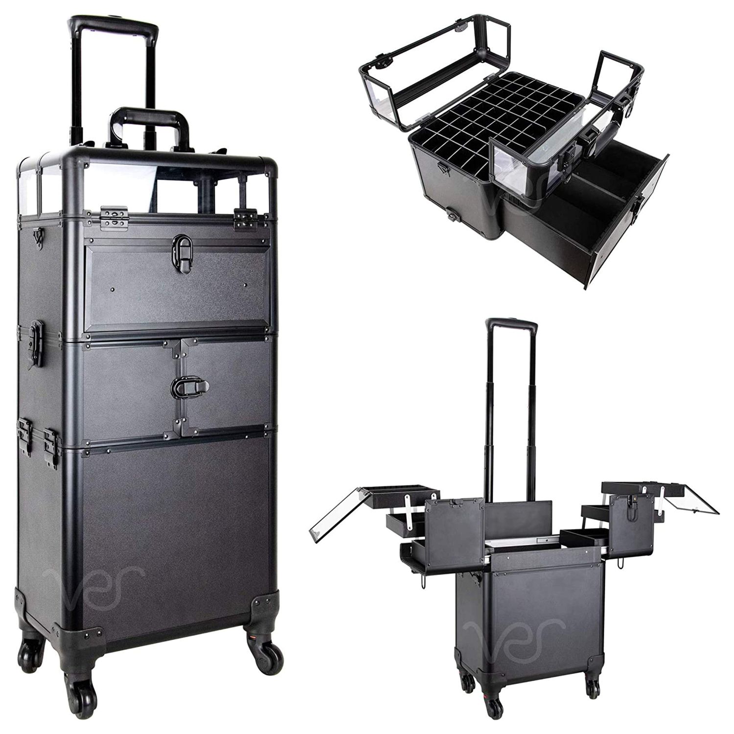 Ver Beauty Professional Rolling Makeup Train Case, Heavy Duty Hair Stylist &amp; Makeup Artist Travel Case with Extendable Trays, Black Matte (VT005-22)