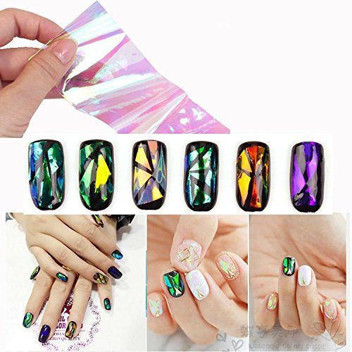 AKOAK 6 Colors Fashion Punk Transfer Foil Sticker Reflective Mirror Design Broken Glass Sticker Colorful Laser Aurora Cellophane DIY Nail Art Stencil Decal Stickers