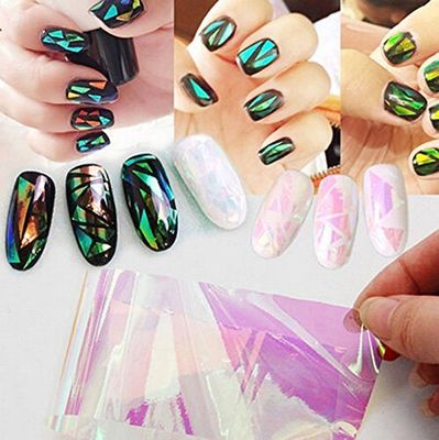 AKOAK 6 Colors Fashion Punk Transfer Foil Sticker Reflective Mirror Design Broken Glass Sticker Colorful Laser Aurora Cellophane DIY Nail Art Stencil Decal Stickers