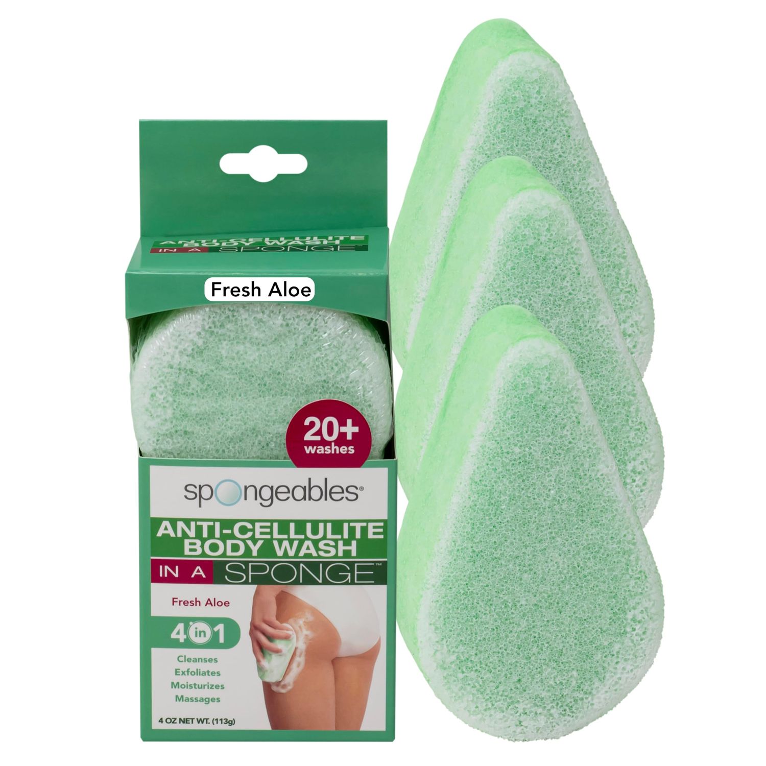 Spongeables Anti Cellulite Body Wash in a 20+ Wash Sponge, Fresh Aloe, 3 Count