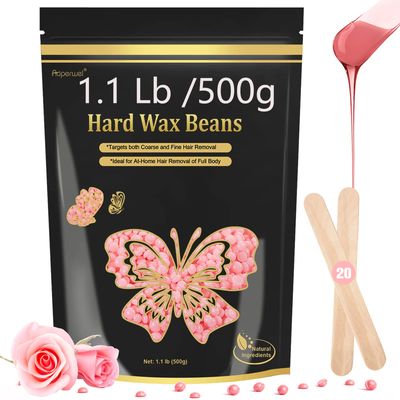 Auperwel Wax Beads for Hair Removal, 1.1LB Painless Salon Hard Wax Beans for Bikini, Eyebrow Facial, At Home Pearl Waxing Beads for Sensitive Skin with 20 Spatulas for Women Men(Rose)