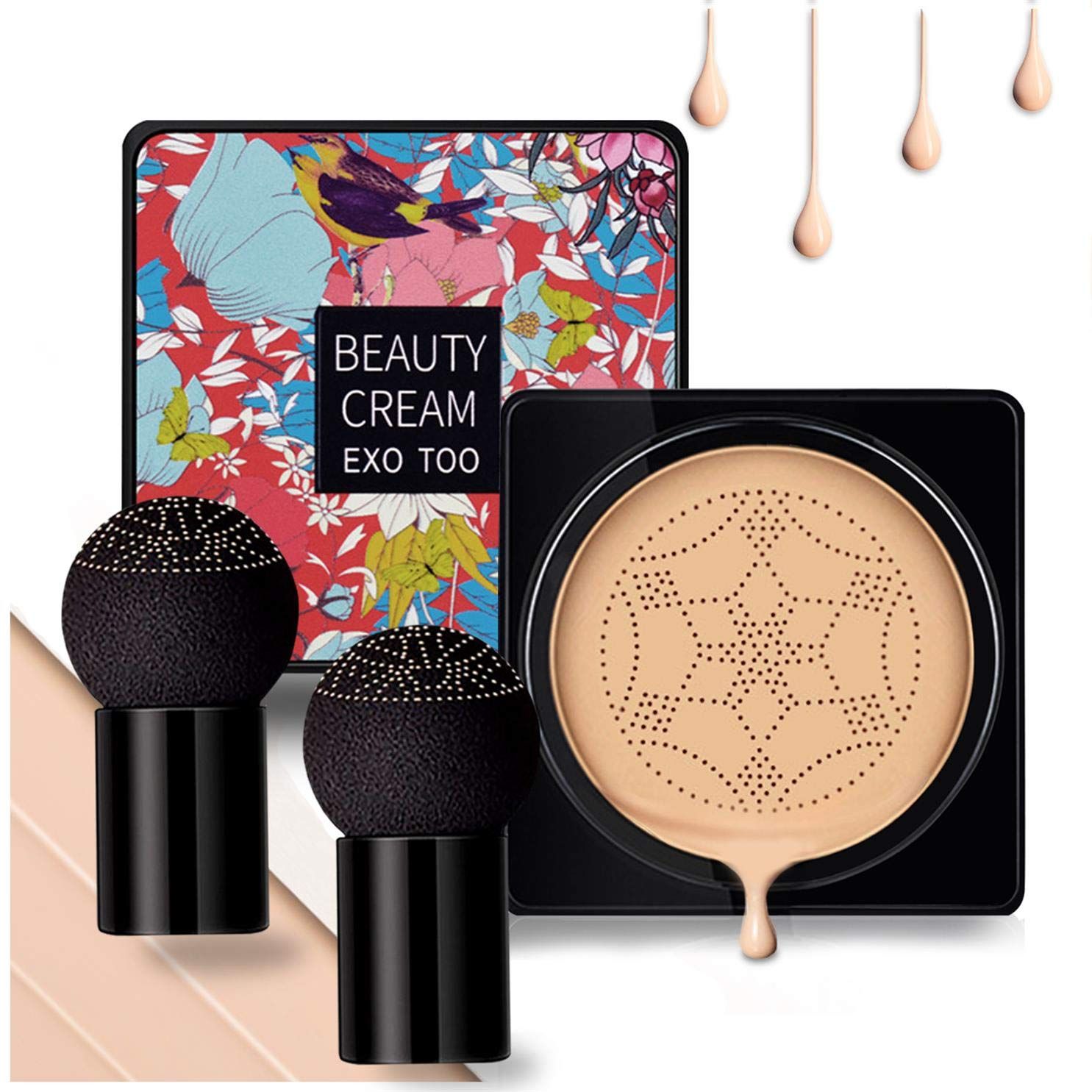 NUIBO Air Cushion CC Cream Mushroom Head, Moisturizing Concealer Makeup Base, Primer Liquid Foundation Long Lasting with Two Mushroom Makeup Sponges ?Natural??Screw lid?