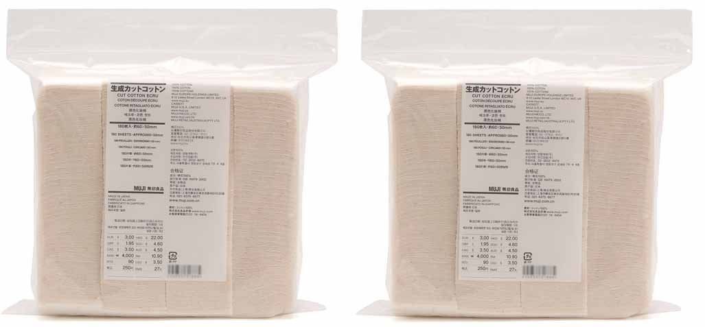 MUJI Makeup Facial Soft Cut Cotton Unbleached 60x50 mm 180pcs???2 Packs (Total 360 Sheets) Value Set