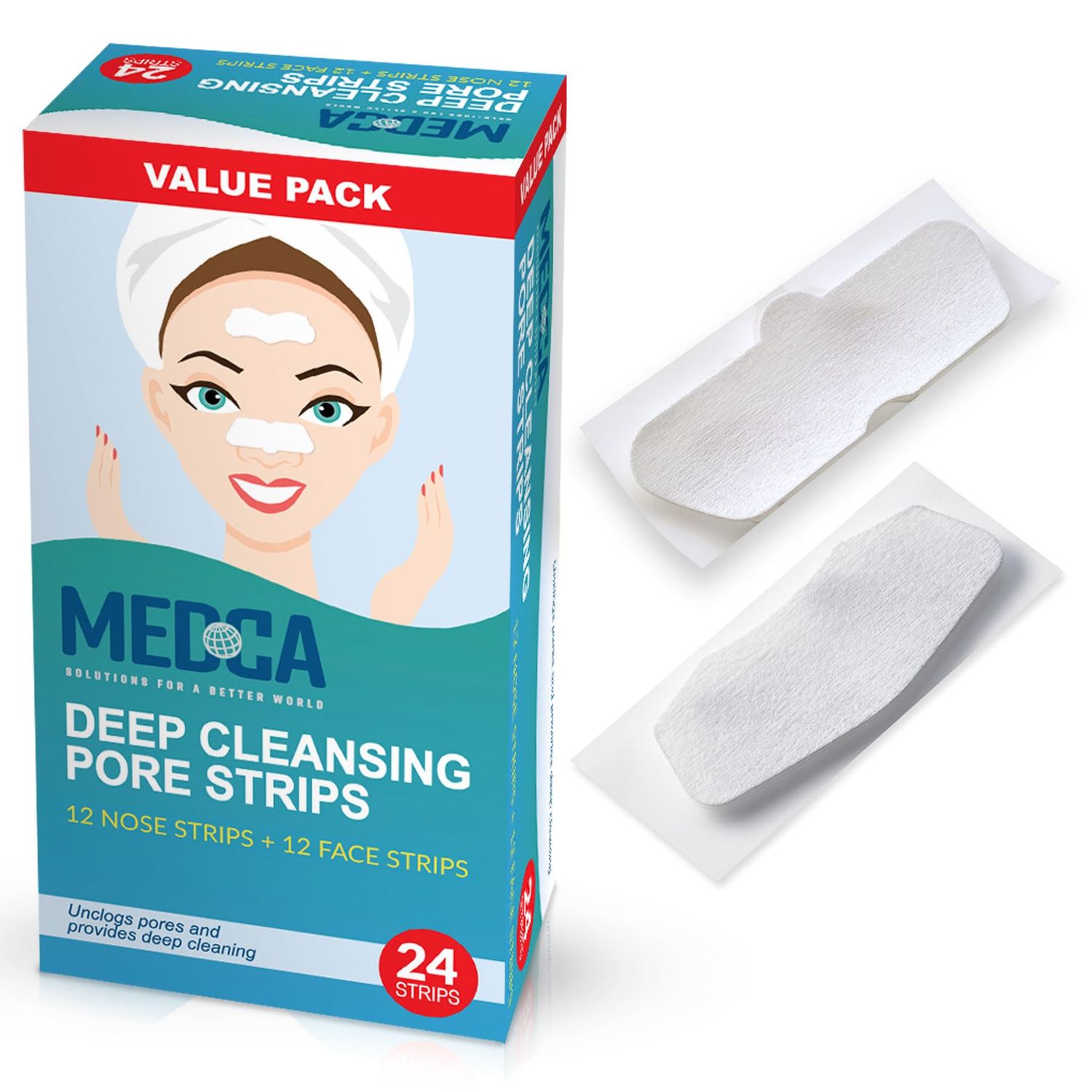 MEDca Deep Cleansing Blackhead Pore Strips - Pack of 24 Peel - Off Blackhead Remover and Pore Unclogging Strips for Nose and Face, Chin, Forehead &amp; Healthier Looking Skin