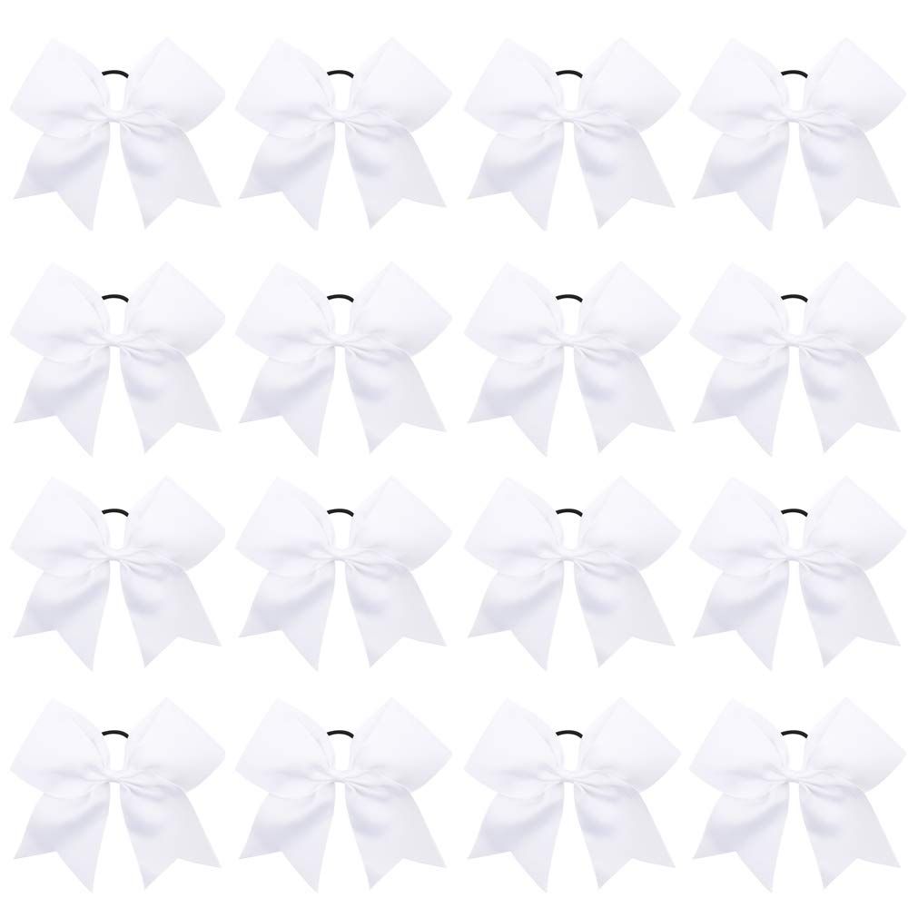 16PCS 8&quot; Large Cheer Hair Bows Ponytail Holder Elastic Band Handmade for Cheerleading Teen Girls College Sports (White, 16 Count (Pack of 1))