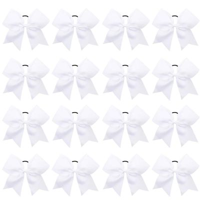 16PCS 8&quot; Large Cheer Hair Bows Ponytail Holder Elastic Band Handmade for Cheerleading Teen Girls College Sports (White, 16 Count (Pack of 1))