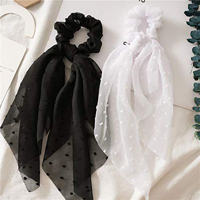 SCRMROIA 3 Packs Scarf Scrunchies, Polka Dot Daisy Flower Hair Scarf Scarves, Satin Silk Long Tails Scrunchy, Bowknot Hair Bands, Elastics Ponytail Holder, Donut Hair Ties for Women Girls (Style 1)