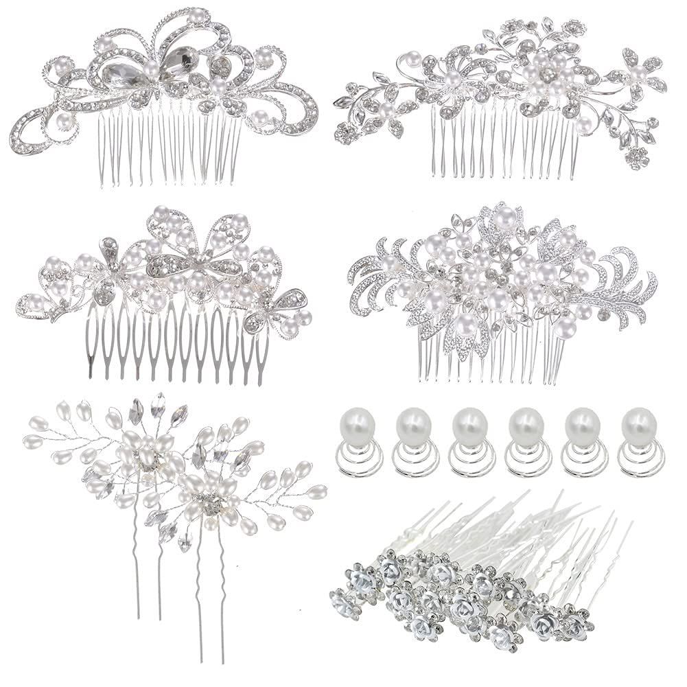 inSowni 32 Pack Silver Wedding Hair Side Combs+U-shaped &amp; Twist Bridal Hair Pins Pieces Accessories Rhinestone Pearls for Women Girls Brides Bridesmaids