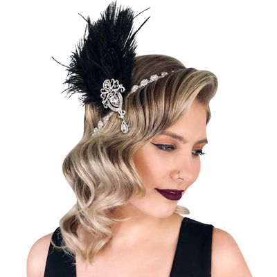 SWEETV 1920s Feather Headpiece Black, Womens Ostrich Feather Crystal Headband, Great Gatsby Hair Accessories for Women, Ribbon Tie