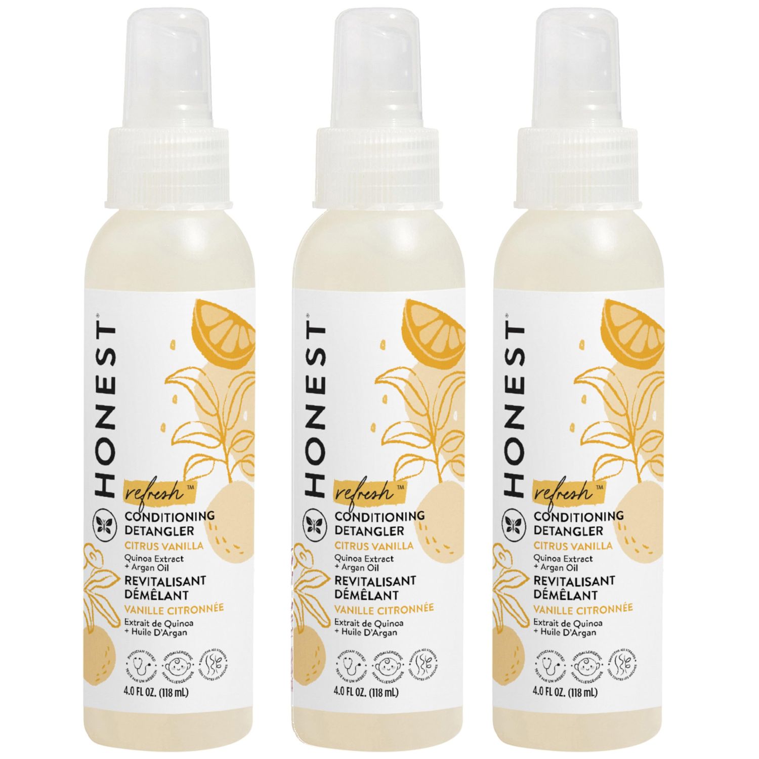 The Honest Company Conditioning Hair Detangler 3-Pack | Leave-in Conditioner + Fortifying Spray | Tear-free, Cruelty-Free, Hypoallergenic | Citrus Vanilla Refresh, 4 fl oz each (pack of 3)