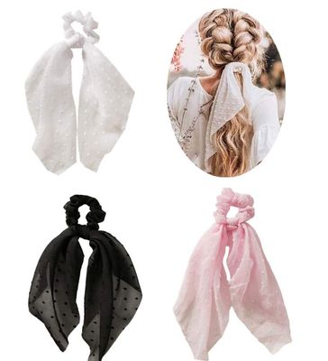 SCRMROIA 3 Packs Scarf Scrunchies, Polka Dot Daisy Flower Hair Scarf Scarves, Satin Silk Long Tails Scrunchy, Bowknot Hair Bands, Elastics Ponytail Holder, Donut Hair Ties for Women Girls (Style 1)