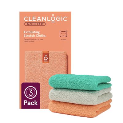 Cleanlogic Body Exfoliating Cloth, Stretchy Exfoliator Bath and Shower Washcloths for Smooth and Softer Skin, Reusable Daily Skincare Tool, Assorted Colors, 3 Count Value Pack