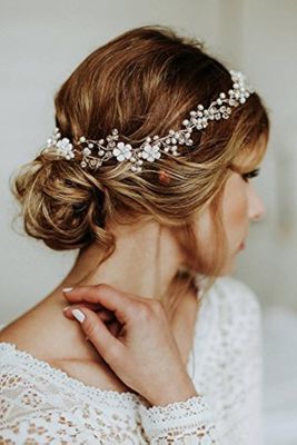 Kercisbeauty Handmade Boho Bridal Bridesmaids Flower Girls White Flower and Pearl Headband Vine Spring Headpiece Hair Vine Bridal Accessories Vintage Rustic Wedding (Rose Gold)