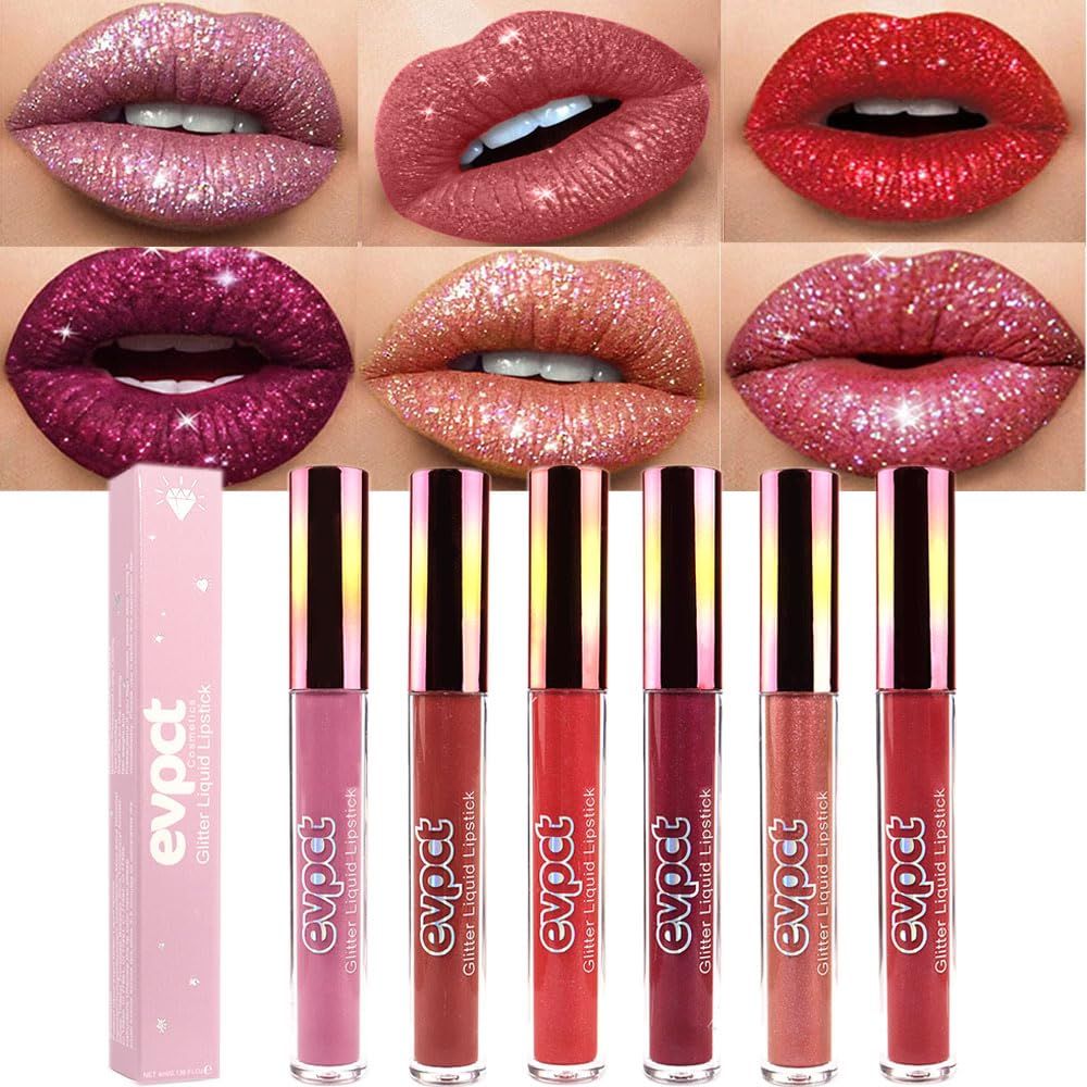 evpct 6Pcs Matte to Glitter Liquid Lipstick Long Lasting Lip Set Kit,6 Color Diamond Dark Red Pink Purple Mauve Glitter Sparkly Glossy Metallic Shimmer Sparkle Waterproof Lipstick Lip Gloss for Women