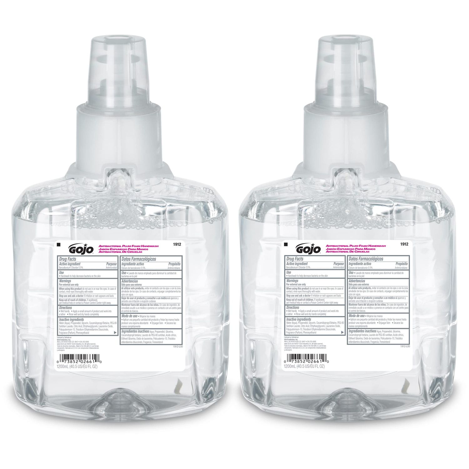 GOJO Antibacterial Foam Handwash, Plum Fragrance, 1200 mL Foam Hand Soap Refill LTX-12 Touch-Free Dispenser (Pack of 2) - 1912-02