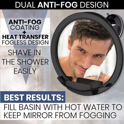 MIRRORVANA Dual Antifog Shower Mirror for Shaving - Shatterproof Mirror with Razor Holder, Upgraded Suction, 360 Swivel (8" Round, Black)