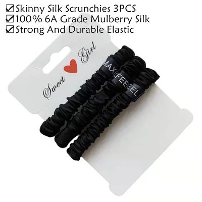 MAXFEEL 100% Pure Muberry Silk Hair Scrunchie Small Silk Scrunchy Skinny Hair Ties No Damage Elastic Scrunchies Holder For Breakage Prevention Black 3 Pack