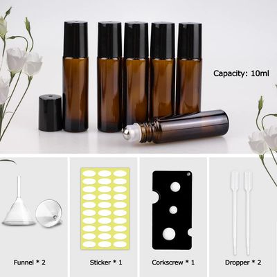 sungwoo 25 Pack Essential Oil Roller Bottles, 10ml Amber Glass Roller Bottles with Stainless Steel Roller Balls and Caps for Travel, Perfume and Lip Gloss