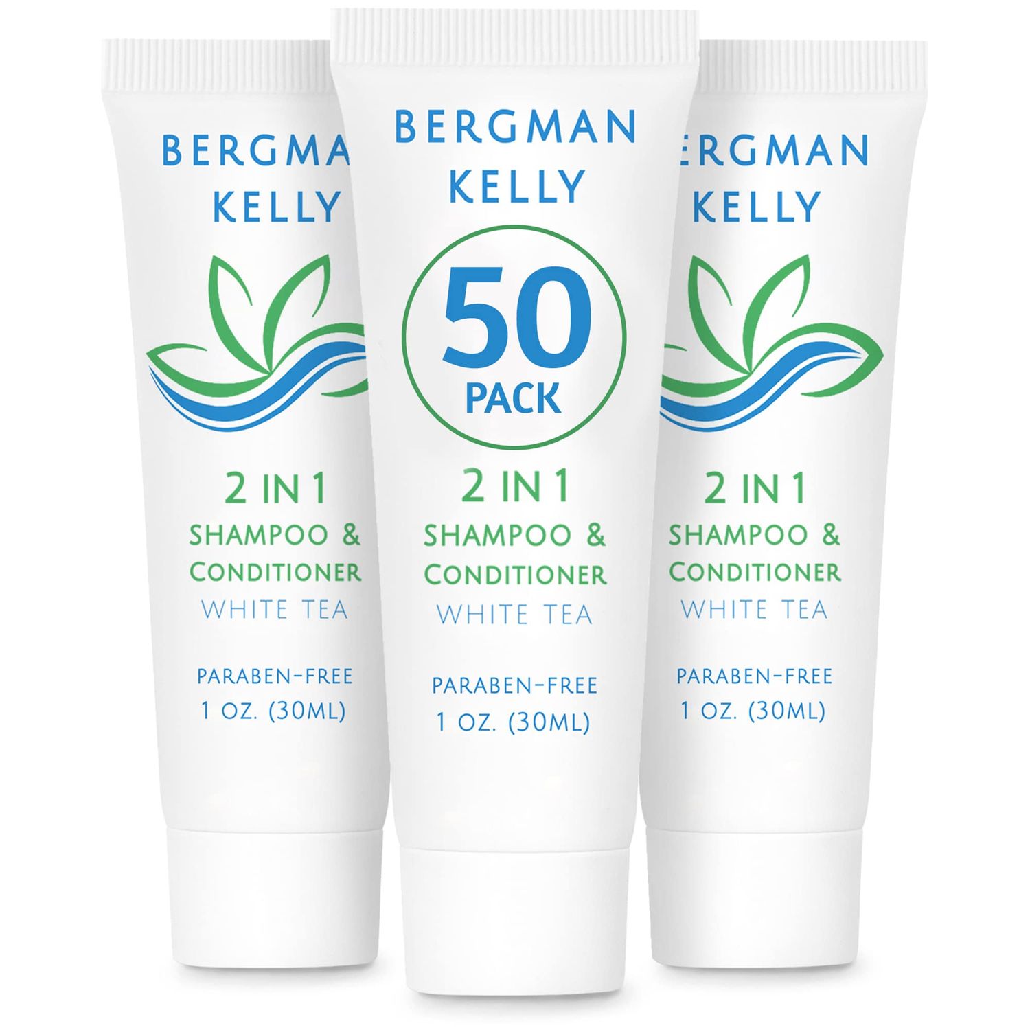 Bergman Kelly - Travel Size 2 in 1 Shampoo &amp; Conditioner - 1 fl oz, 50 PK, White Tea - Delight Your Guests w/Revitalizing &amp; Refreshing Shampoo Amenities - Quality Small Size Hotel Toiletries in Bulk