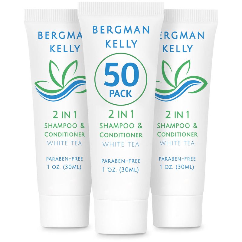 Bergman Kelly - Travel Size 2 in 1 Shampoo &amp; Conditioner - 1 fl oz, 50 PK, White Tea - Delight Your Guests w/Revitalizing &amp; Refreshing Shampoo Amenities - Quality Small Size Hotel Toiletries in Bulk