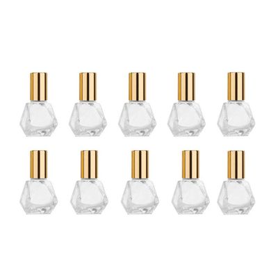 ConStore 10 PCS Mini Portable Polygonal Clear Glass Roller Bottle,8ml/0.27oz DIY Travel Essential Oil Roll On Bottle with Stainless Steel Ball Gold Cap