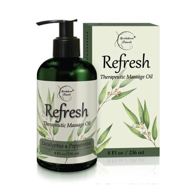 Refresh Massage Oil for Massage Therapy with Eucalyptus &amp; Peppermint Essential Oils - All Natural Sore Muscle Relief. Ideal for Full Body Relaxation - Nut Free Formula 8oz