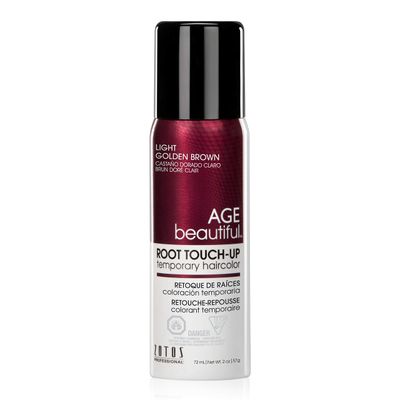 AGE beautiful Root Touch Up Hair Color Spray | Touch-Up Gray Concealer | Temporary Cover Up | Adds Volume &amp; Covers Thinning Patches | Water, Sweat, Stain Resistant | Light Golden Brown | 2 Fl Oz
