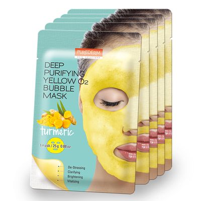 Purederm Deep Purifying Yellow O2 Bubble Mask Turmeric (5 Pack) - Bubble Face Sheet Mask for Purifying &amp; Vitalizing