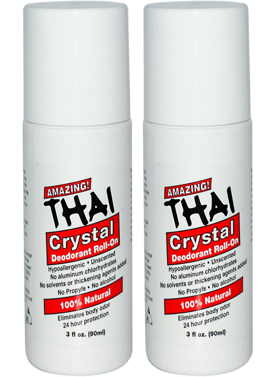 Thai Crystal Deodorant Stone All Natural Roll-On Deodorant For Body, Face and Feet -- Unscented, Aluminum Free &amp; Organic With No Aluminum, Solvents, Parabens, Propyls, or Alcohol, 3 fl oz. (Pack of 2)