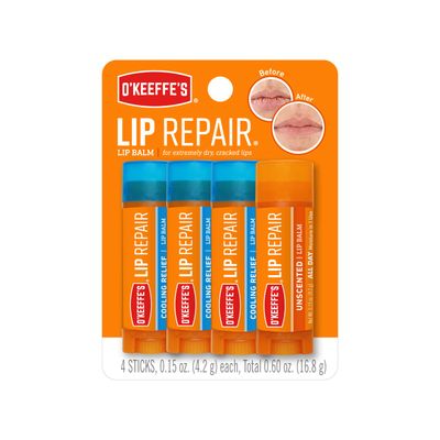 O&#39;Keeffe&#39;s Lip Repair Lip Balm for Dry, Cracked Lips, Stick, (Pack of 4: 3 Cooling + 1 Unscented)