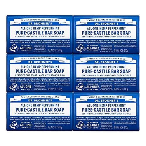 Dr. Bronner&#39;s - Pure-Castile Bar Soap (Peppermint, 5 ounce, 6-Pack) - Made with Organic Oils, For Face, Body &amp; Hair, Gentle &amp; Moisturizing, Biodegradable, Vegan, Cruelty-free, Non-GMO