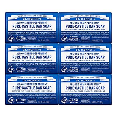 Dr. Bronner&#39;s - Pure-Castile Bar Soap (Peppermint, 5 ounce, 6-Pack) - Made with Organic Oils, For Face, Body &amp; Hair, Gentle &amp; Moisturizing, Biodegradable, Vegan, Cruelty-free, Non-GMO