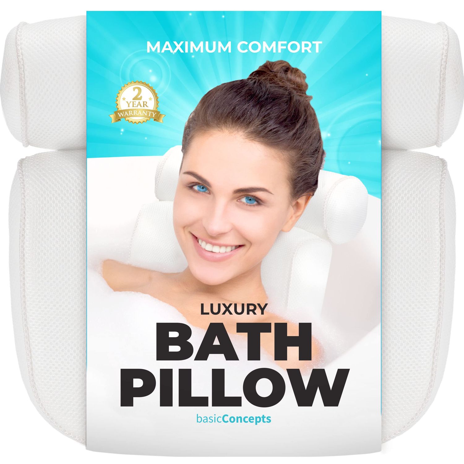 BASIC CONCEPTS Bathtub Pillow for Neck and Back Support with Drying Hook, Bathtub Pillow Machine Headrest for Soaking &amp; Straight Back Tubs - Bath Accessories, Machine Washable, 6 Suction Cups