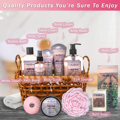 Spa Baskets For Women - Luxury Bath Set With Rose Oil & Orchid - Spa Kit Includes Wash, Bubble Bath, Lotion, Bath Salts, Body Scrub, Body Spray, Shower Puff, Bathbombs, Soap and Towel