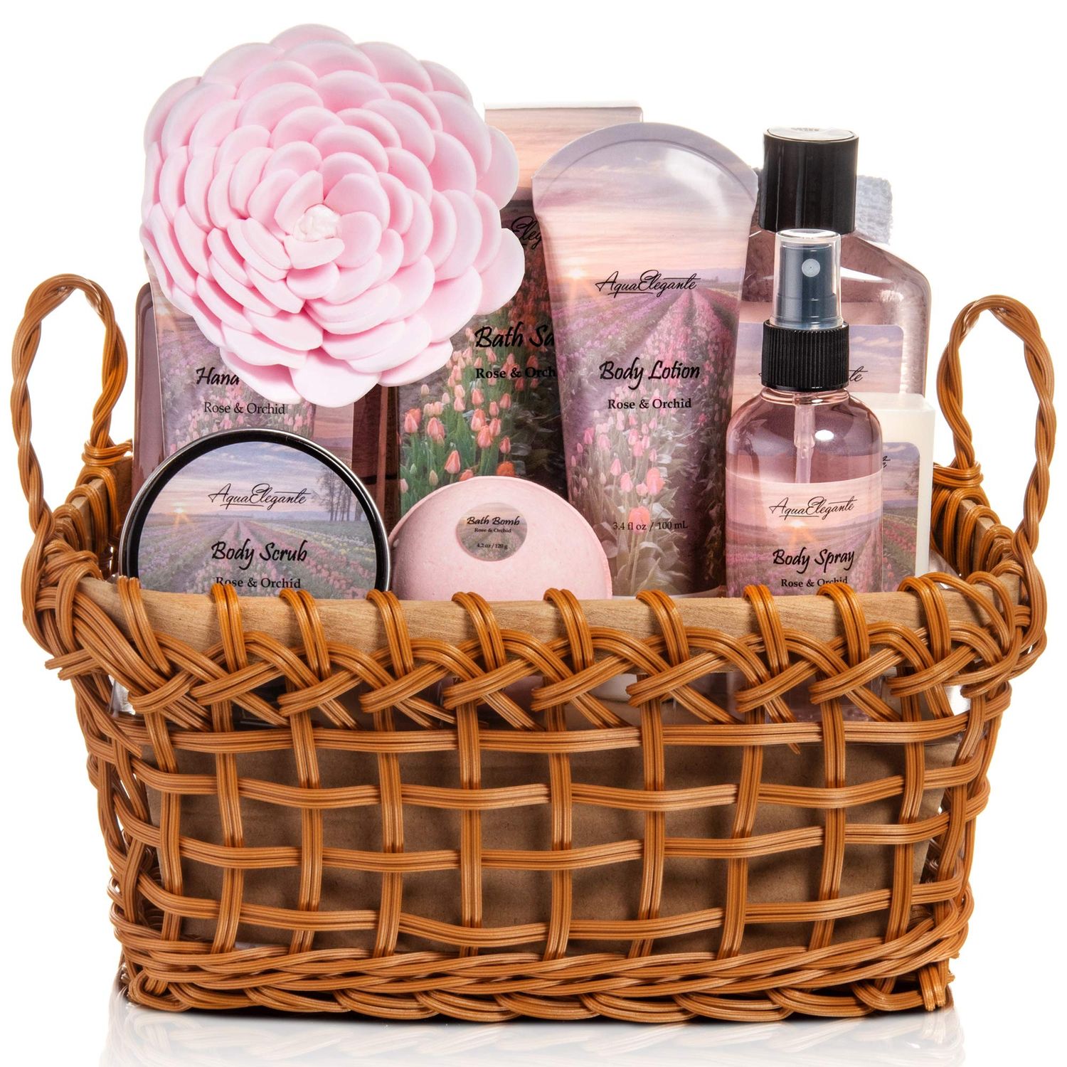Spa Baskets For Women - Luxury Bath Set With Rose Oil &amp; Orchid - Spa Kit Includes Wash, Bubble Bath, Lotion, Bath Salts, Body Scrub, Body Spray, Shower Puff, Bathbombs, Soap and Towel